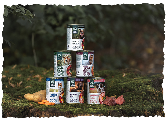 Pure Nature tins stacked in a pyramid on a moss-covered tree trunk